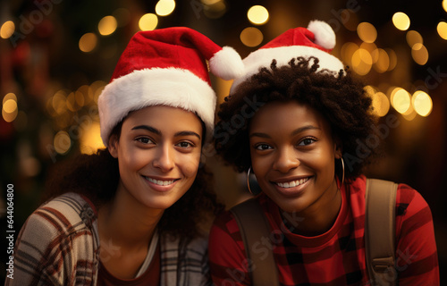 happy African American and friend in Santa hats over Christmas lights. created by generative AI technology.