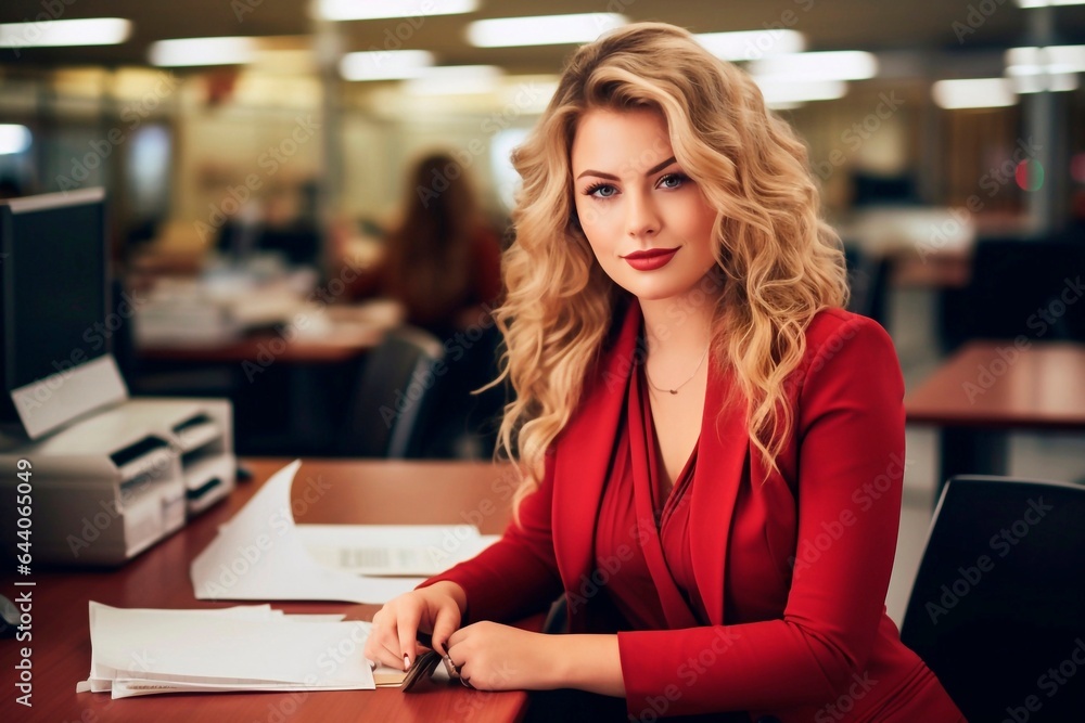 Plus size business manager in the office signing documents pretty satisfied face, boss blonde woman 30 years old in office red clothes. Plus size business manager in the office signing documents pretty satisfied face, boss blonde woman 30 years old in office red clothes.