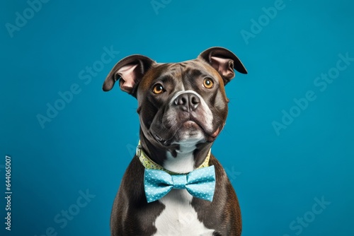 Medium shot portrait photography of a funny staffordshire bull terrier wearing a cute bow tie against a cerulean blue background. With generative AI technology