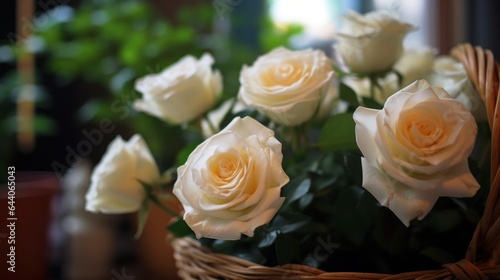 White roses in a basket with water droplets on the petals. Mother s day concept with a space for a text. Valentine day concept with a copy space.