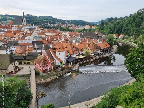 Panoramic view of Cesky Krumlov town on Vltava riverbank on autumn day overlooking medieval Castle, Czech Republic. View of old town of Cesky Krumlov, South Bohemia, Czech Republic. 