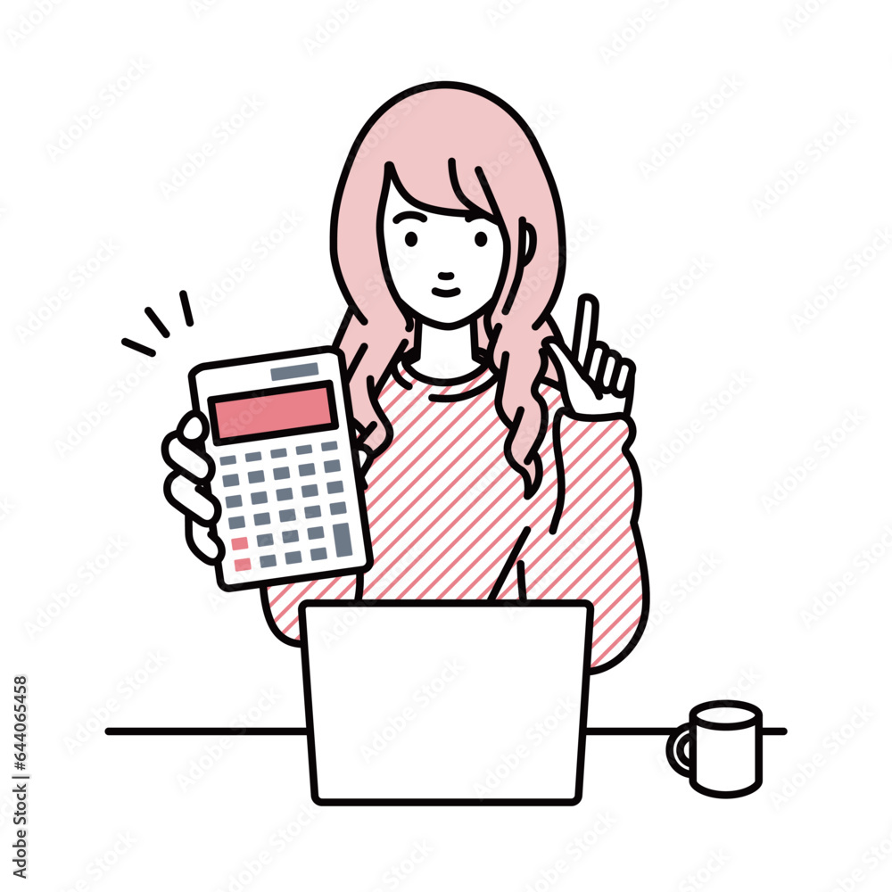 a woman in casual style recommending, proposing, showing and pointing a calculator with a smile in front of laptop pc a woman in casual style recommending, proposing, showing and pointing a calculator with a smile in front of laptop pc