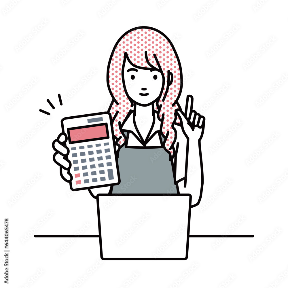 a woman in cafe apron recommending, proposing, showing estimates and pointing a calculator with a smile in front of laptop pc a woman in cafe apron recommending, proposing, showing estimates and pointing a calculator with a smile in front of laptop pc