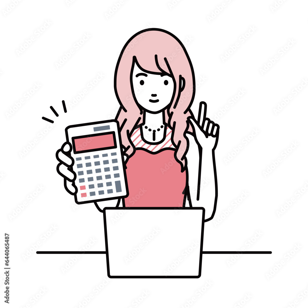 a woman in dress recommending, proposing, showing estimates and pointing a calculator with a smile in front of laptop pc