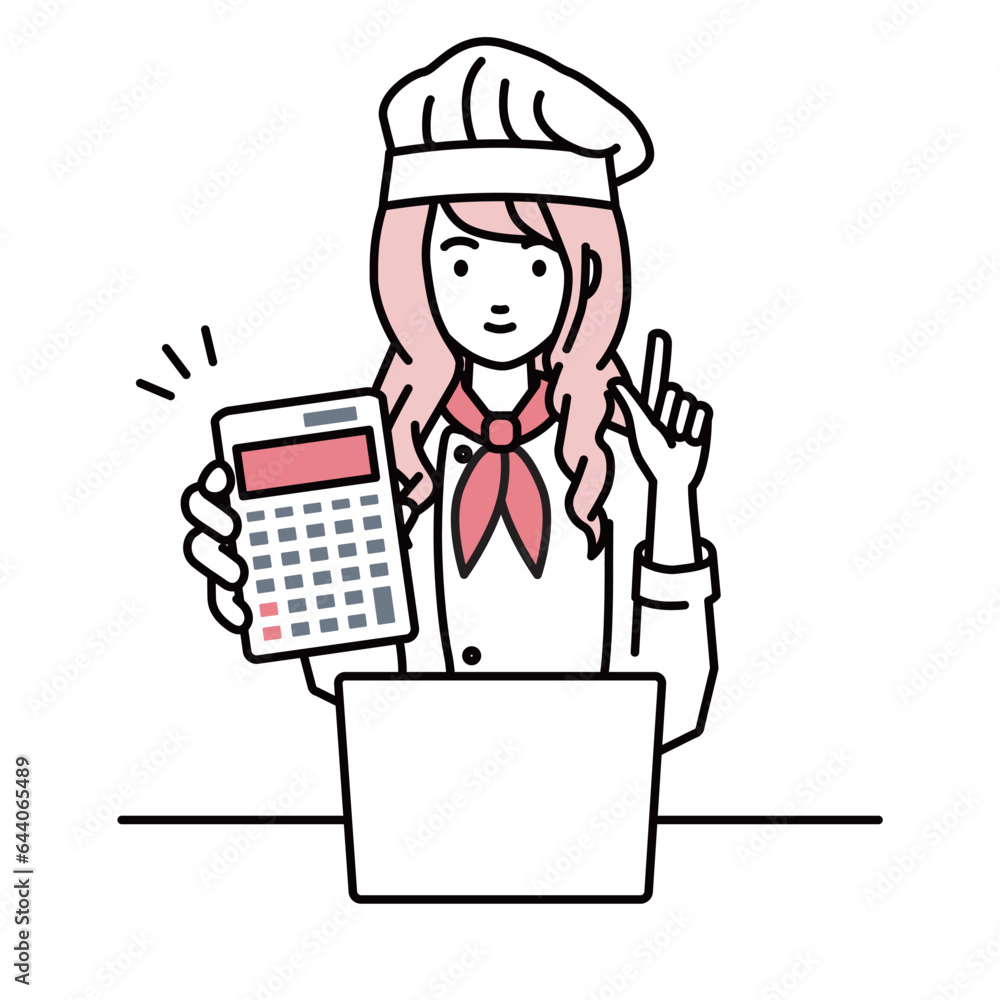 a woman cook recommending, proposing, showing estimates and pointing a calculator with a smile in front of laptop pc a woman cook recommending, proposing, showing estimates and pointing a calculator with a smile in front of laptop pc