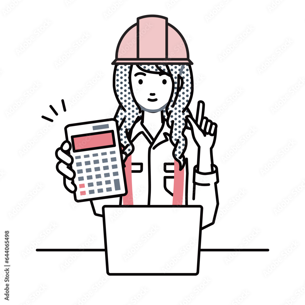 a woman working at construction sites recommending, proposing, showing estimates and pointing a calculator with a smile in front of laptop pc a woman working at construction sites recommending, proposing, showing estimates and pointing a calculator with a smile in front of laptop pc