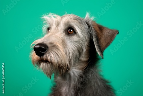 Close-up portrait photography of a cute irish wolfhound dog wearing a cashmere sweater against a spearmint green background. With generative AI technology
