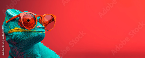 chameleon wearing sunglasses on a solid color background, vector art, digital art, faceted, minimal, abstract, panorama background. Generative AI.  photo
