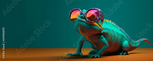 chameleon wearing sunglasses on a solid color background, vector art, digital art, faceted, minimal, abstract, panorama background. Generative AI. 