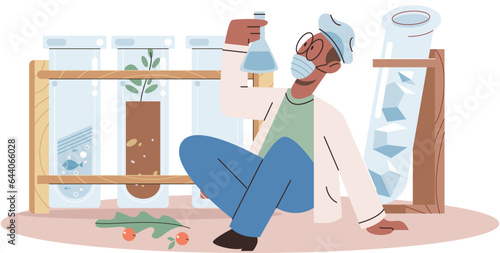 Scientist conducts research to study planet and living organisms under conditions of climate change. Researchers do analyzes of composition of water, check mineral compound and bacterial components