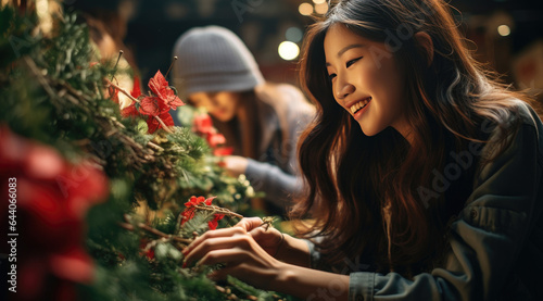 Beautiful young woman decorating Christmas tree at home, preparing for holiday. created by generative AI technology. © hakule