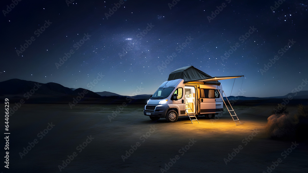 Van car under stars during midnight. Van life - obrazy, fototapety, plakaty 