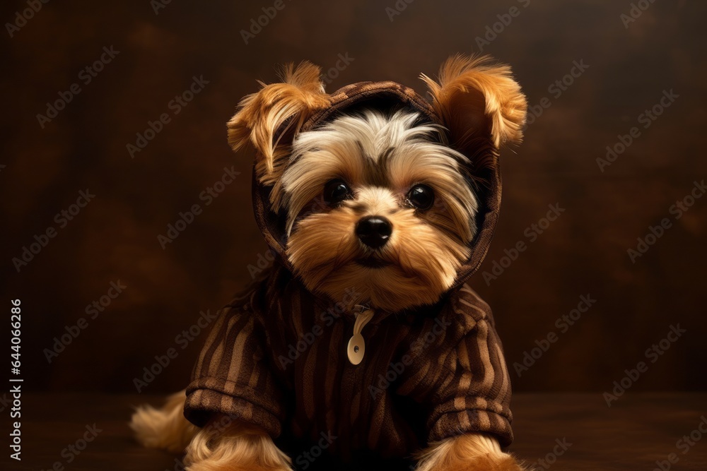Studio portrait photography of a funny yorkshire terrier wearing a teddy bear costume against a copper brown background. With generative AI technology