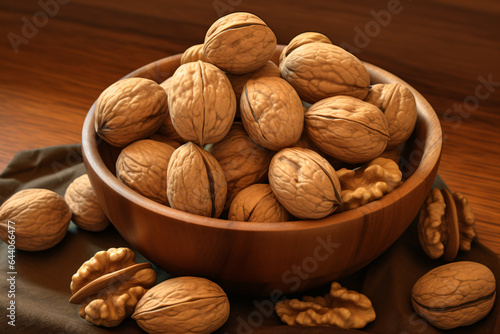 Walnuts and walnut kernels in wooden bowl
