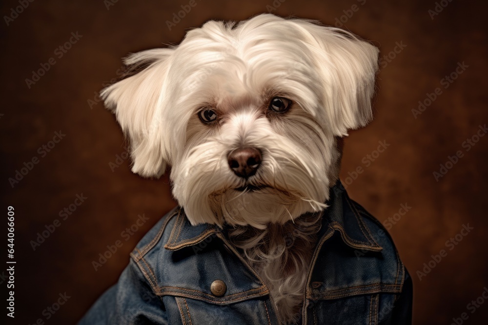 Photography in the style of pensive portraiture of a funny maltese wearing a denim vest against a copper brown background. With generative AI technology