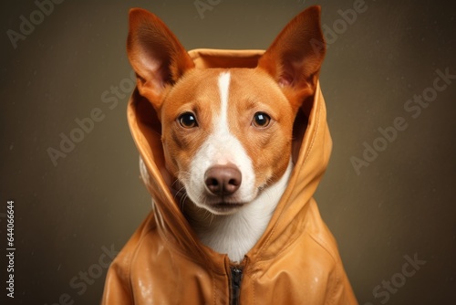 Photography in the style of pensive portraiture of a smiling basenji dog wearing a raincoat against a copper brown background. With generative AI technology