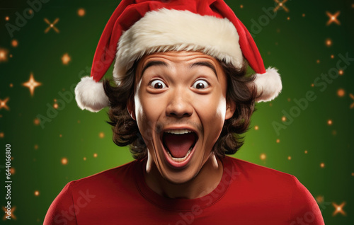 Christmas, holidays and people concept - surprised man in Santa helper hat over green background. created by generative AI technology.