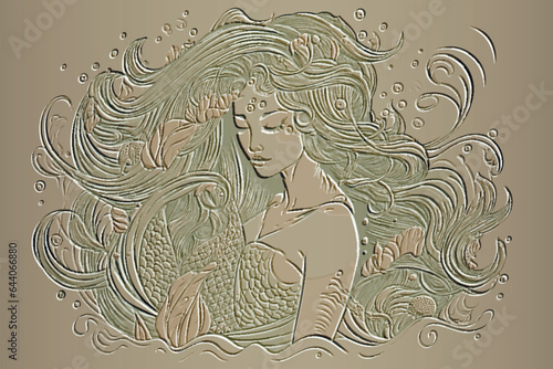 Mermaid. Beautiful textured emboss 3d lines water nymph with long hairs. Embossed undine vector pattern background. Surface backdrop. Relief line art golden nixie ornaments Grunge ornate texture photo