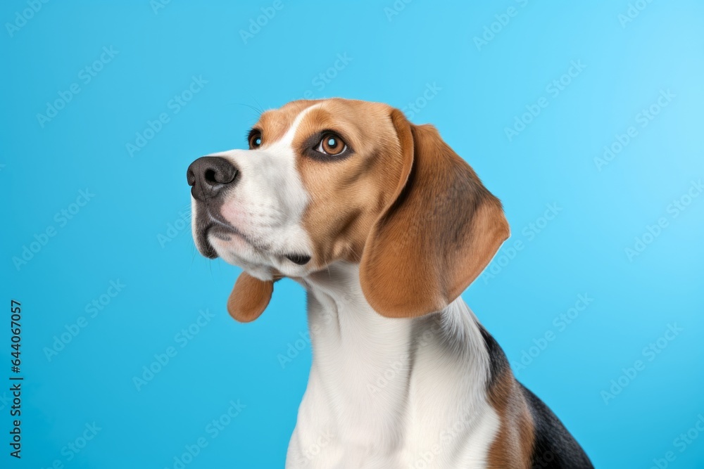 Photography in the style of pensive portraiture of a cute beagle wearing a paw protector against a periwinkle blue background. With generative AI technology