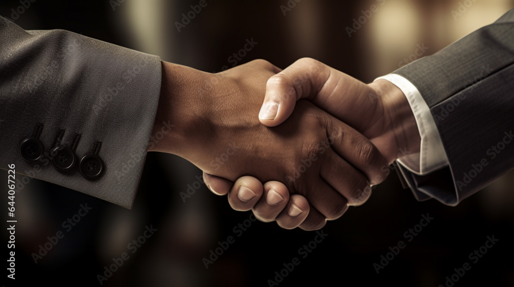Two businessmen shaking hands in a dimly lit vintage office, shot in sepia tones. Two businessmen shaking hands in a dimly lit vintage office, shot in sepia tones.