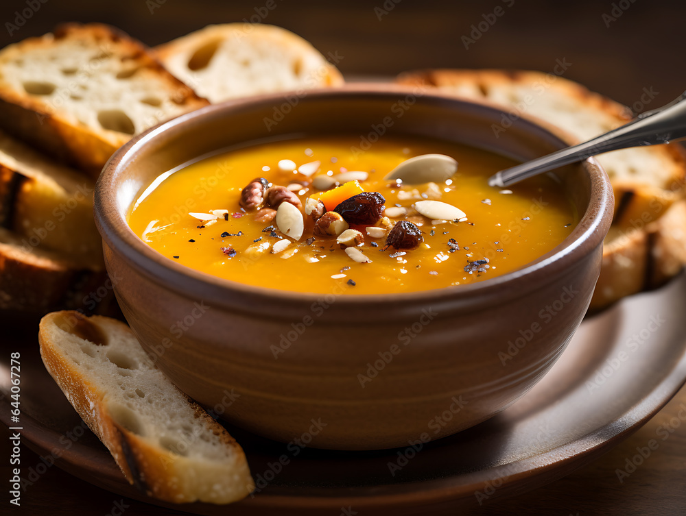 Fotografie Homemade Autumn Butternut Squash Soup with Bread.