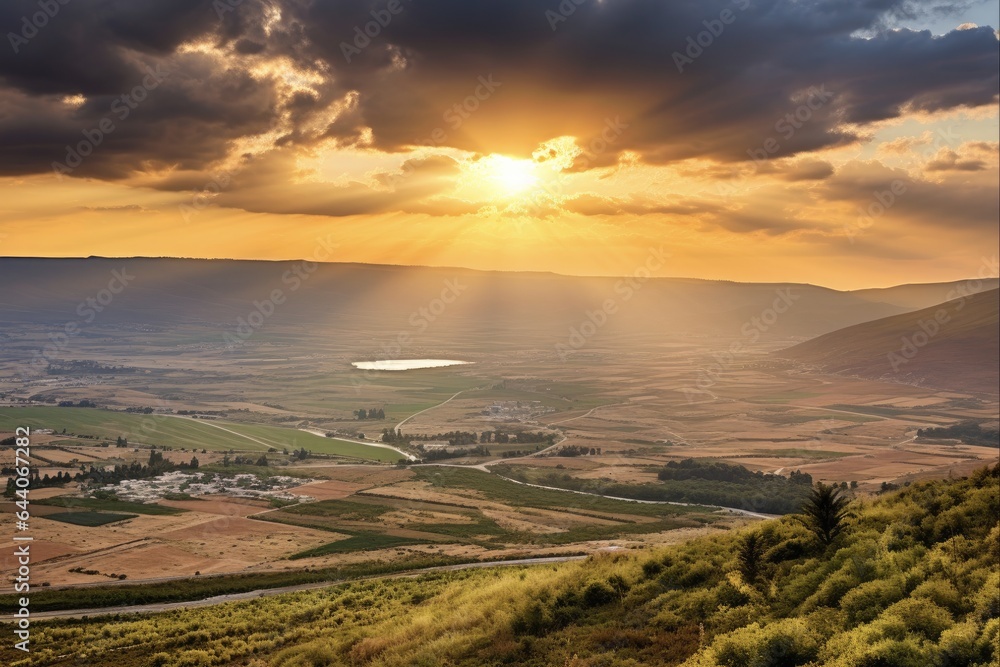 Beauty of Jezreel Valley at Sunset: Aerial View from Mount Precipice in Galilee, Israel