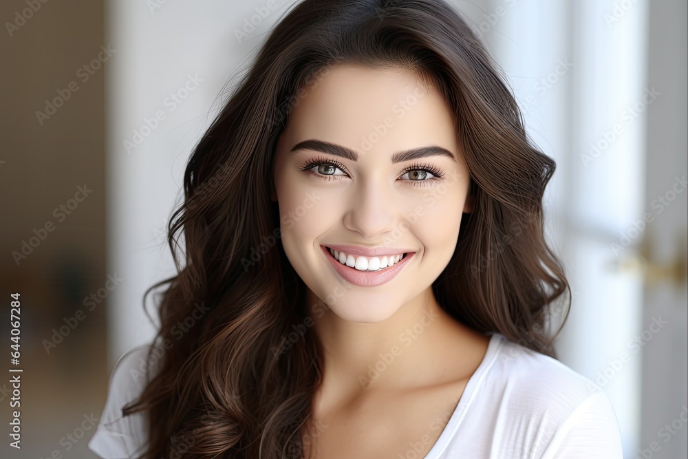 Beautiful Brunette Woman with Big Bright White Smile - Cheerful Head Shot with Sincere, Happy, Positive Expression and Dental Teeth Beautiful Brunette Woman with Big Bright White Smile - Cheerful Head Shot with Sincere, Happy, Positive Expression and Dental Teeth