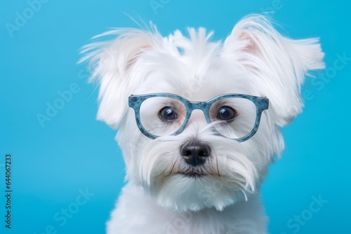 Photography in the style of pensive portraiture of a smiling maltese wearing a hipster glasses against a periwinkle blue background. With generative AI technology © Markus Schröder