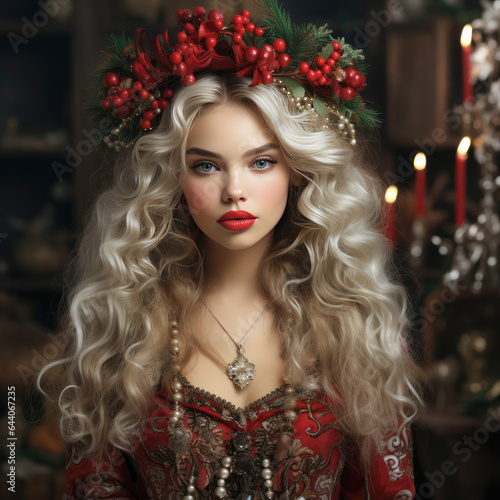 Beautiful young woman with Christmas wreath on her head. Beauty, fashion. created by generative AI technology.