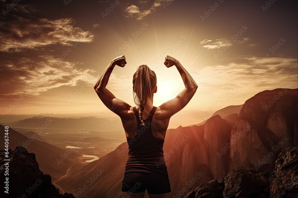 Inner Strength Unleashed: Confident Woman on Mountain Top Flexing Arms at Sunset. Inspiration for Health, Power, and Success