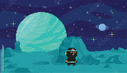 Space exploration illustration, fantasy alien landscape. Cartoon pixel art background. Horizontal cosmic banner. Another planet concept. Universe of spherical star objects. Pixelated location for game