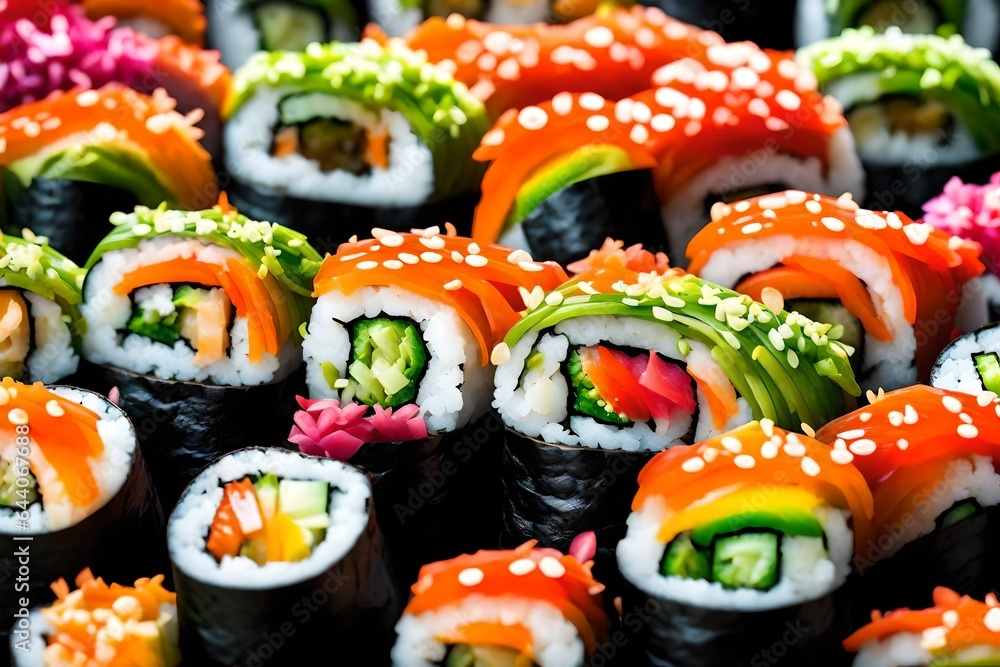 High-definition capture of a colorful rainbow sushi roll. High-definition capture of a colorful rainbow sushi roll.