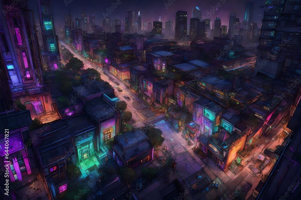 Urban jungle's twilight symphony, neon pulse beneath the city's skin 