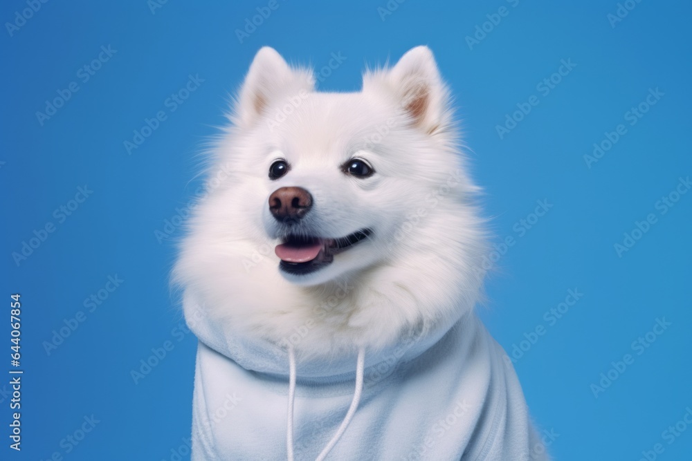 Photography in the style of pensive portraiture of a smiling american eskimo dog wearing a cashmere sweater against a periwinkle blue background. With generative AI technology