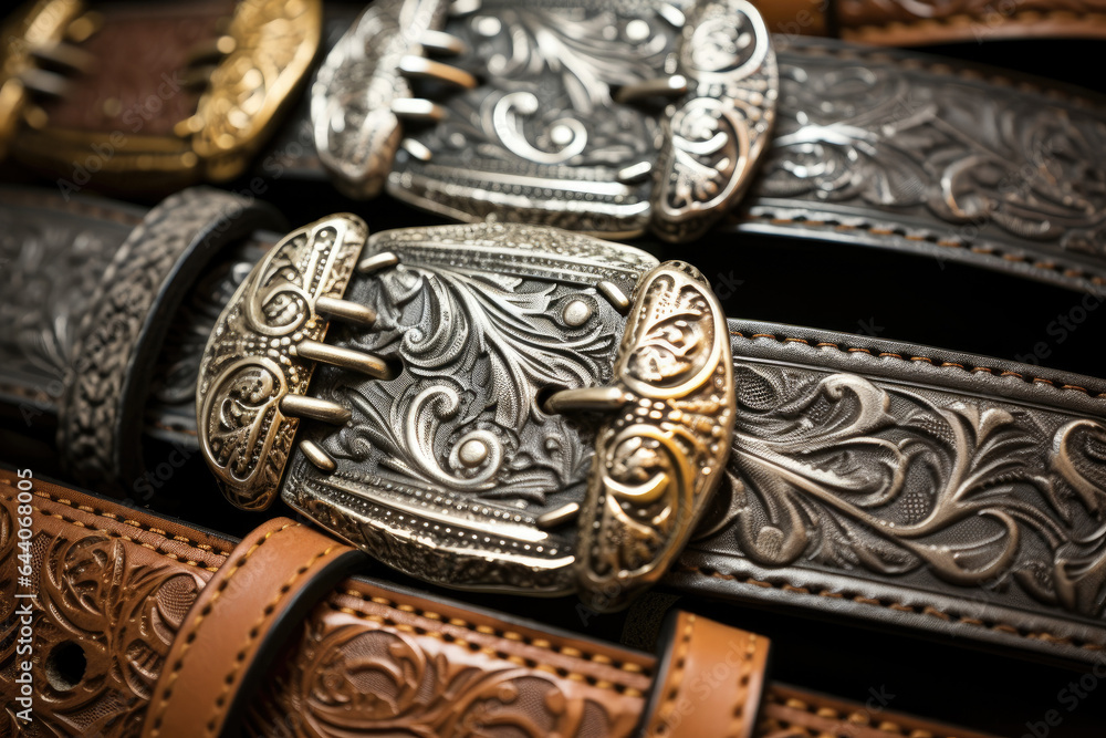 Gleaming Metal Masterpieces: A Close-Up of Intricate Belt Buckles adorning Fashionable Waistlines Gleaming Metal Masterpieces: A Close-Up of Intricate Belt Buckles adorning Fashionable Waistlines