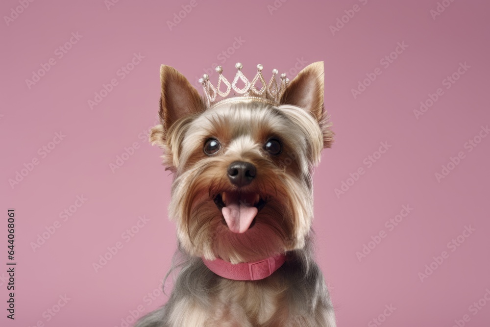 Medium shot portrait photography of a smiling yorkshire terrier wearing a princess crown against a minimalist or empty room background. With generative AI technology