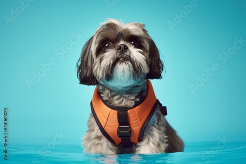 Close-up portrait photography of a funny shih tzu wearing a swimming vest against a minimalist or empty room background. With generative AI technology photo