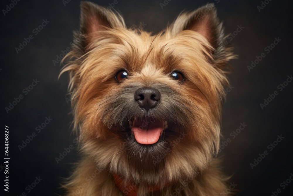 Close-up portrait photography of a smiling cairn terrier wearing a lion mane against a minimalist or empty room background. With generative AI technology