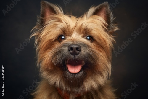 Close-up portrait photography of a smiling cairn terrier wearing a lion mane against a minimalist or empty room background. With generative AI technology