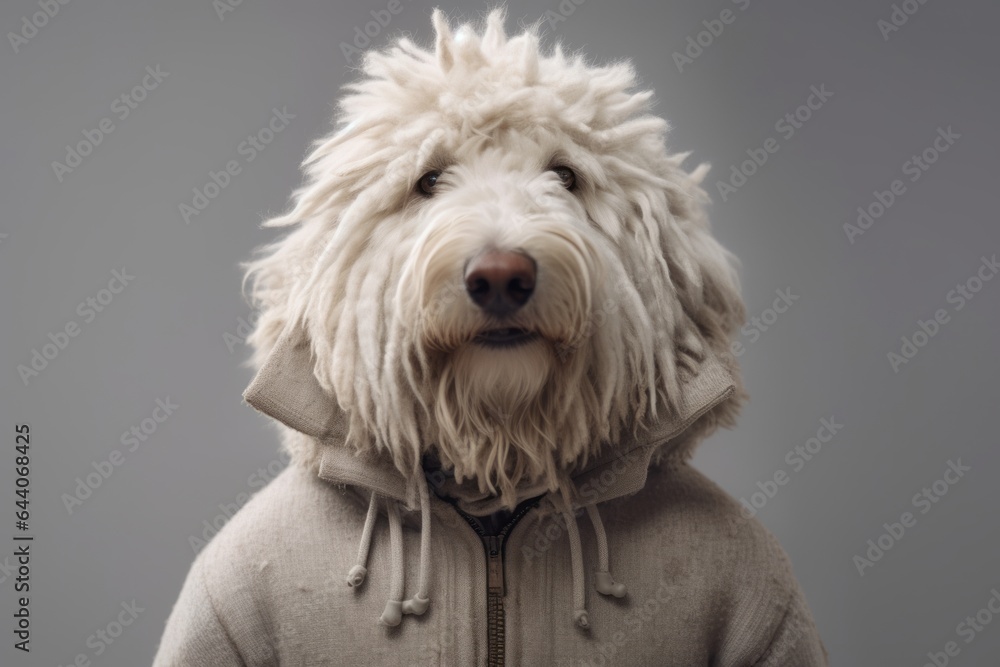 Medium shot portrait photography of a smiling komondor dog wearing a parka against a minimalist or empty room background. With generative AI technology