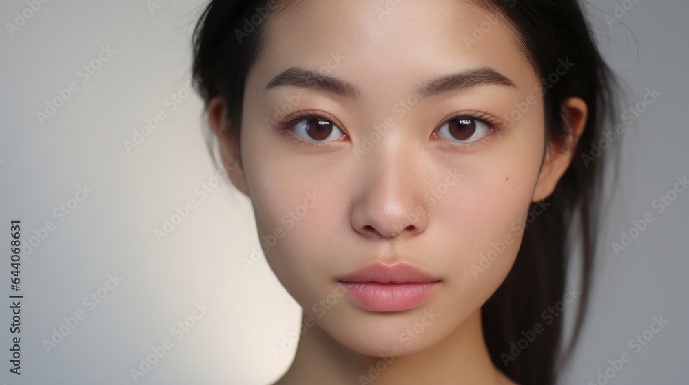Asian Elegance: Close-up of a Flawless Complexion, Beautiful Woman, Gazing at the Camera on a Studio White Background. Asian Elegance: Close-up of a Flawless Complexion, Beautiful Woman, Gazing at the Camera on a Studio White Background.