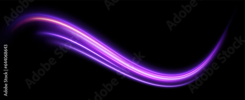neon multicolored glowing swirl. The effect of movement with the speed of light pink purple color. Easy trail. Shiny wavy path. Vector.