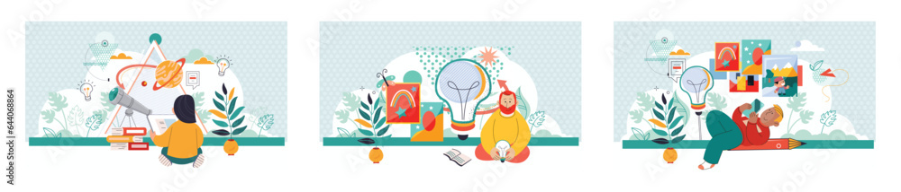 Fototapeta premium Online art class. E-learning, distance education. Tutorials and web courses. Little boy with phone, teacher and creative idea icons with pencils and pictures. Drawing lessons banner, art master class