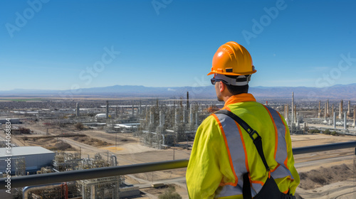 A refinery worker overlooking the vast expanse of the plant.