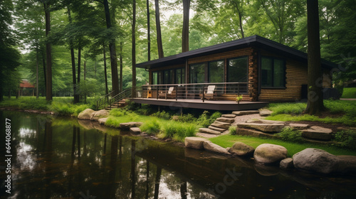 A serene nature retreat away from the city. Retreat house by the lake in the forest.