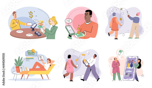 Cashless payment. Vector illustration. Cashless transactions are traceable, which chelp in tracking expenses and budgeting The simplicity and speed of contactless payments make them popular among busy