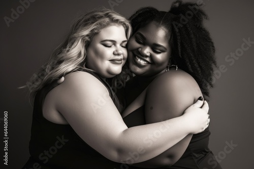two young plus size women embracing each other © Natalia