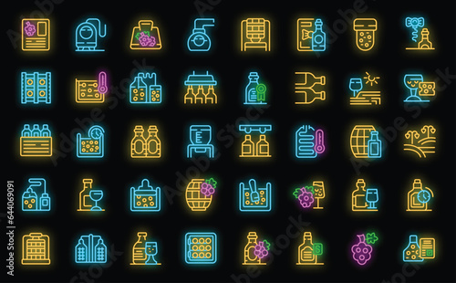 Wine production icons set outline vector. Winery industry. Fruit shape neon color on black