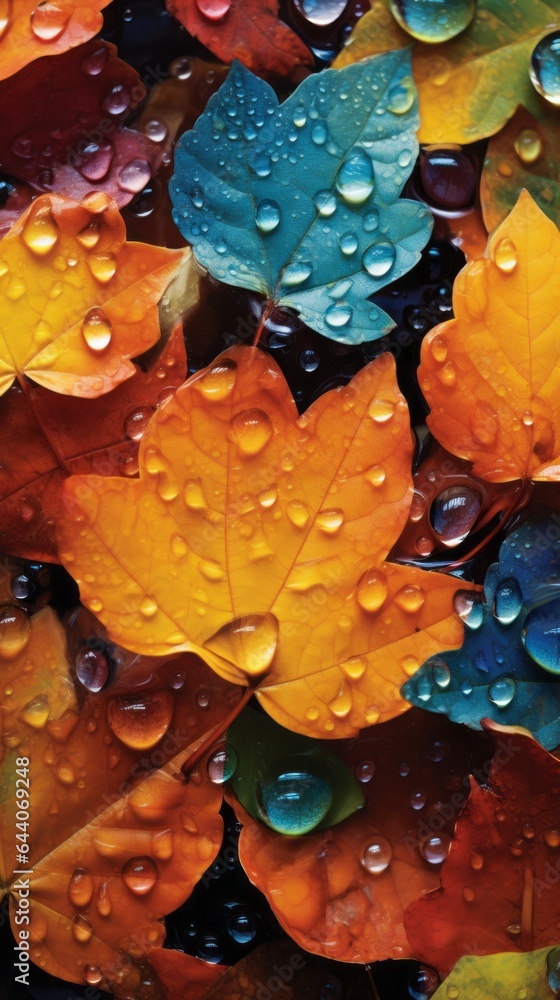 A group of colorful leaves with water droplets on them