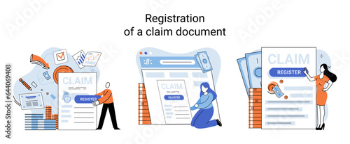 Registration of claim form register document, providing personal information, income information vector set. Tax filing, employer form, earnings statement documents, online software abstract metaphor